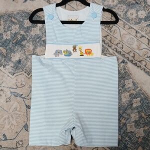 Babeeoni Blue Striped Baby Romper with Animal Embroidery